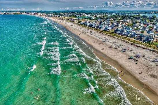 Aerial view of the Atlantic rolling into Nantasket Beach in Hull, Massachusetts