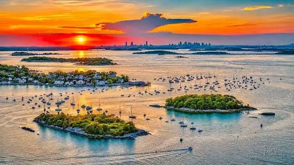 Sunset over the Boston Harbor Islands seen from Hull